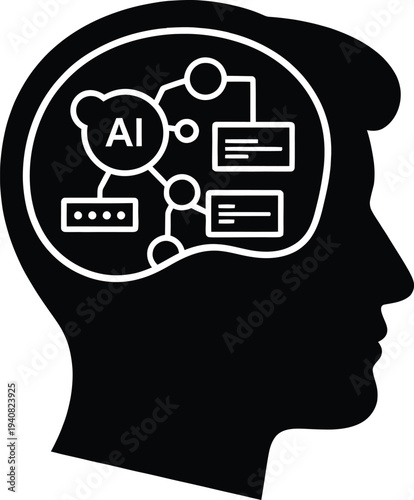 A profile silhouette of a human head with an internal brain circuit and digital data nodes representing artificial intelligence and machine learning.