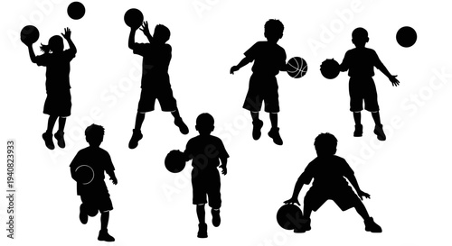 Children Playing Basketball Silhouettes - Kids Sports Activity, Outdoor Fun