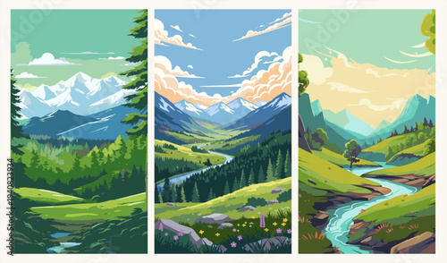 Scenic mountain valley triptych: lush green meadows, winding rivers, and snowy peaks.