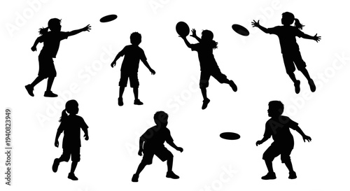 Children Playing Frisbee Silhouette Set: Active Kids Outdoor Fun, Sports and Recreation
