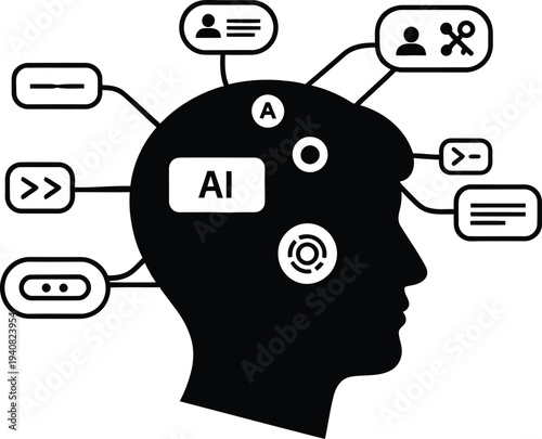 A profile silhouette of a man with internal AI nodes and various digital coding symbols connected to his head for machine learning and data concept.