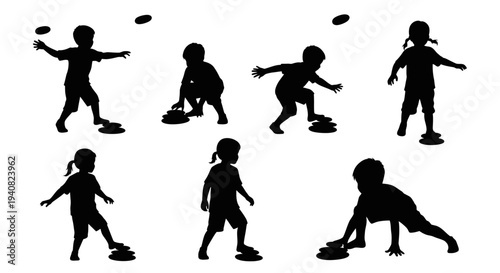 Children Playing Frisbee Silhouettes: Action Poses of Kids Throwing and Catching Disc