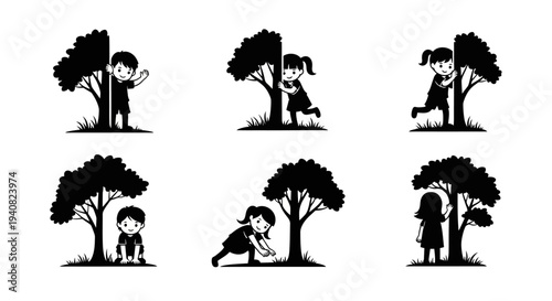 Children playing hide and seek behind trees, silhouette set