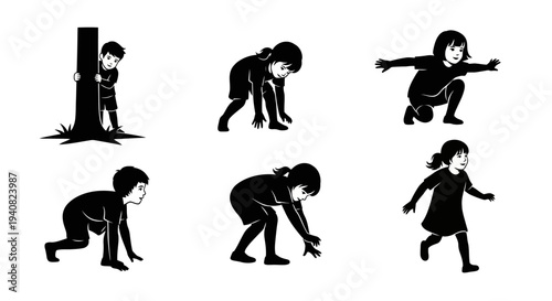 Children playing hide and seek, running, crawling, and peeking from behind a tree