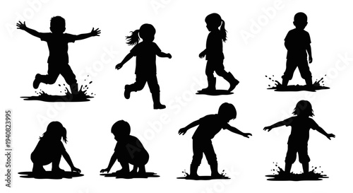 Children Playing in Puddles: Silhouettes of Kids Jumping, Splashing, and Having Fun Outdoors