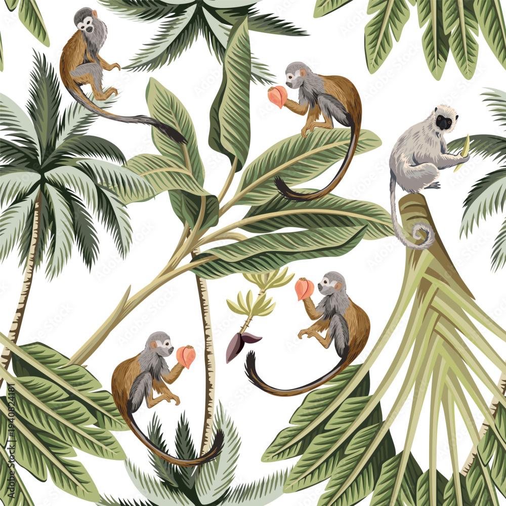 Photography Poster Monkey animal, tropical palm tree seamless