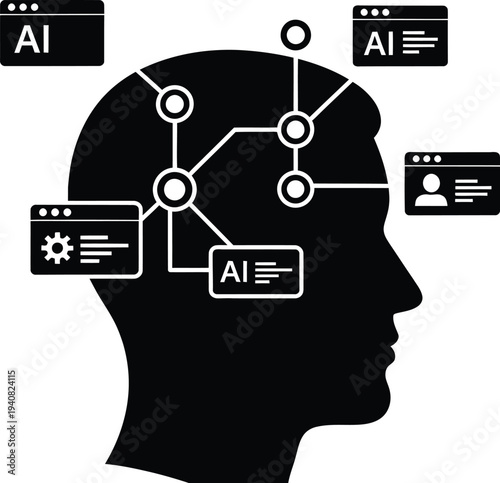 A profile silhouette of a man with internal neural network nodes connected to AI web windows and digital data interface icons on white background.
