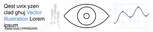 Innovation, data visualization, analytics, eye tracking, market research, growth analysis. Abstract symbols include an eye, arrows pointing upward and a line graph. Data visualization and analytics