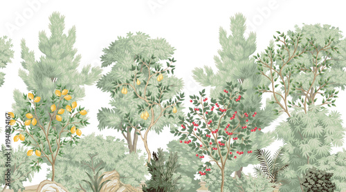 Garden vintage trees, cherry tree, lemon, pear, plants landscape seamless border white background. Botanical mural.