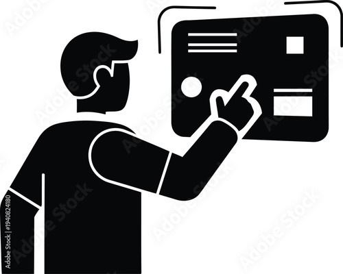 A black silhouette of a man interacting with a digital interface or touch screen panel representing modern user experience and interactive technology.