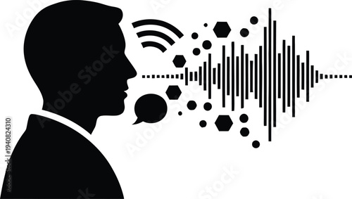 Profile silhouette of a man talking with speech bubble, geometric particles, radio waves, and sound frequency lines for voice recognition concept.