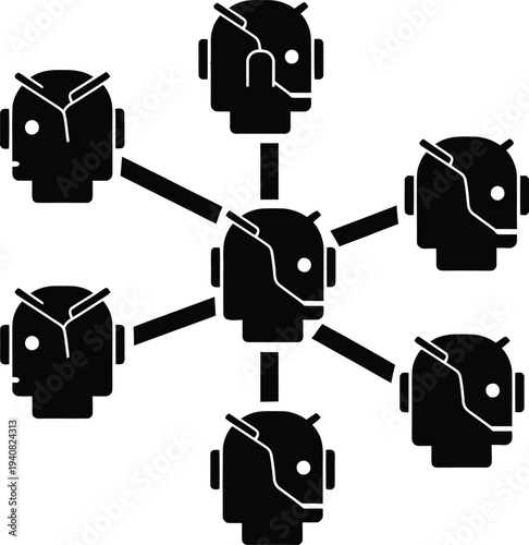 Network of robot head icons with headsets connected together in a hub representing artificial intelligence call center and automated customer service.