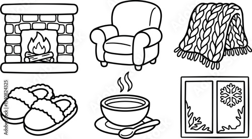 Line art cozy winter icons set armchair fireplace blanket slippers hot drink window close up hand drawn vector illustration black white