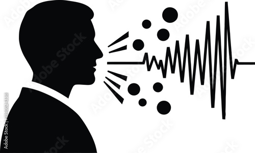 Black silhouette of a man speaking with voice wave and sound particles icon isolated on white background for audio technology and communication concept.