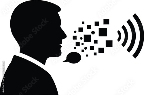 A profile silhouette of a man talking with digital data blocks and radio waves icons representing voice recognition technology and modern communication.
