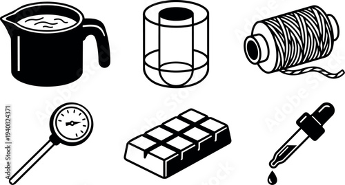 Line art kitchen and craft icons showing measuring jug, glass, twine spool, thermometer probe, chocolate bar, pipette dropper black silhouette