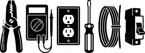 Flat design row of electrician tool icons showing wire stripper pliers multimeter wall outlet screwdriver cable coil and toggle switch