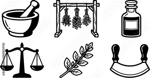 Line art apothecary icons mortar and pestle mezzaluna herb branch hanging herbs bottle and scales minimalist black outline vector set