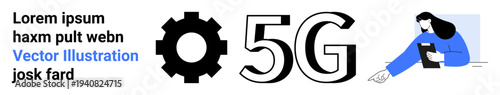 Digital transformation, 5G networks, technology trends, data transmission, wireless communication, modern gadgets. Gear, 5G text and woman using tablet device. Digital transformation and 5G networks