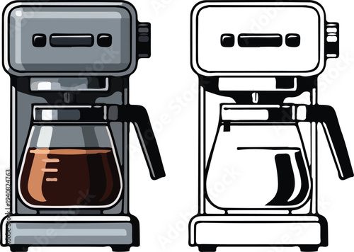 Automatic Drip Coffee Maker Vector Illustration, A classic electric drip coffee machine with a glass carafe, featuring colored and black-and-white line art versions