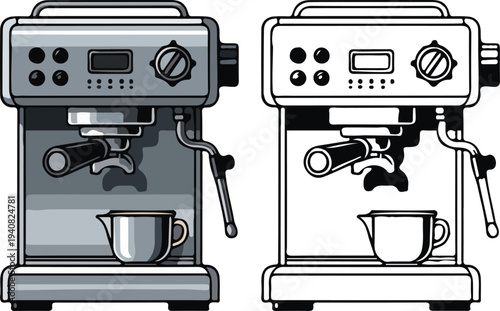 Professional Espresso Coffee Machine Vector Set, Detailed espresso maker with portafilter and milk pitcher, presented in full color and monochrome stroke styles