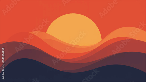 Minimalist vector illustration of a breathtaking sunset or sunrise over rolling abstract waves, showcasing a warm orange to deep navy gradient, evoking serenity