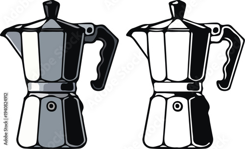 Italian Moka Pot Espresso Maker Vector, Traditional stovetop espresso maker icon, featuring both a rendered color version and a clean black-and-white outline