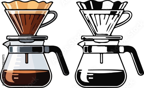 V60 Pour Over Coffee Dripper and Carafe Vector, Manual pour-over coffee brewer with a glass carafe and ridged dripper, featuring colored and black-and-white line art versions