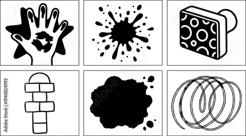 Line art stamp icons set showing handprint, ink splatter, sponge stamp, brick totem and spiral scribble in simple black design