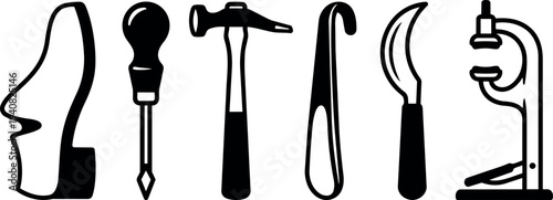 Flat design close up of shoemaking tools showing shoe last awl hammer shoehorn curved knife and hand press in black silhouette