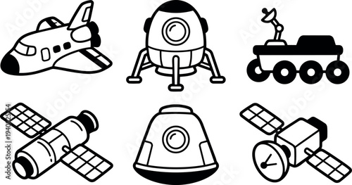 Line art flat design icons of six space vehicles shuttle lunar lander rover and satellites in black and white set