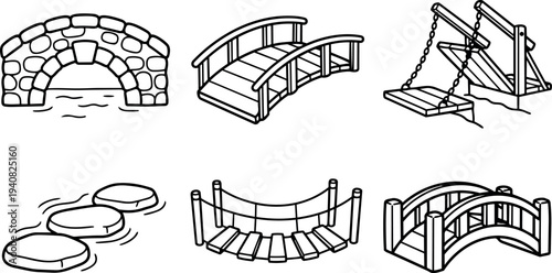 Line art vector bridge icon set showing stone arch, wooden curved bridge, suspension swing and stepping stones in simple outline
