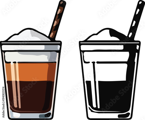 Layered Iced Coffee Glass with Straw Vector, A refreshing layered coffee drink with milk, espresso, and foam in a tall glass, shown in color and outline