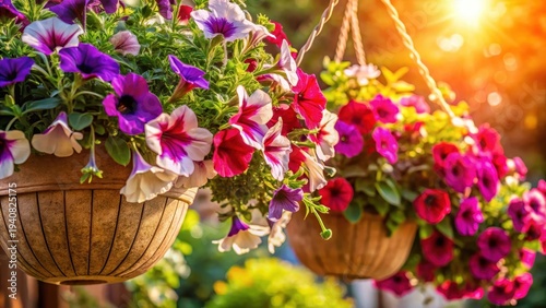 A photo of a colorful array of hanging petunias and vibrant surfinia flowers in a decorative pot, showcasing summer garden inspiration for container p