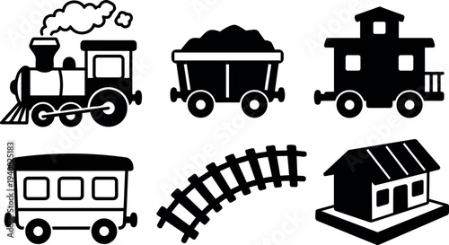 Flat design vintage steam locomotive hopper car caboose passenger carriage curved track and station icons in bold silhouette black vector