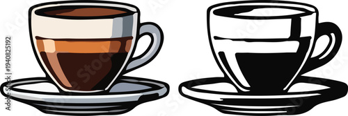 Espresso Macchiato Cup and Saucer Vector, A ceramic cup of espresso topped with a dollop of milk foam on a saucer, color and line art