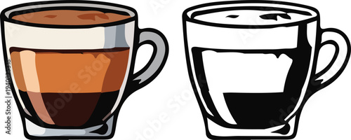 Cappuccino or Flat White Coffee Cup Vector,  A wide glass cup containing a layered coffee drink with a thick layer of foam, color and outline
