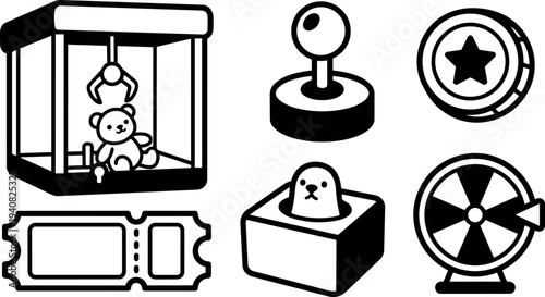 Flat design arcade game icon set featuring claw machine with teddy, joystick, star coin, ticket, whack a mole, prize wheel bold line