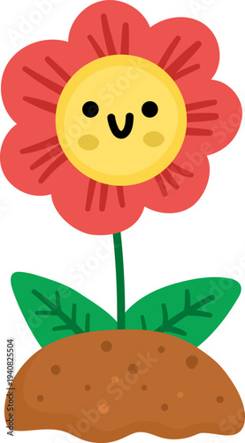 Vector red smiling flower icon. Blooming plant growing on the ground illustration. Floral kawaii clipart. Cute summer, garden or Easter village bloom isolated on white background