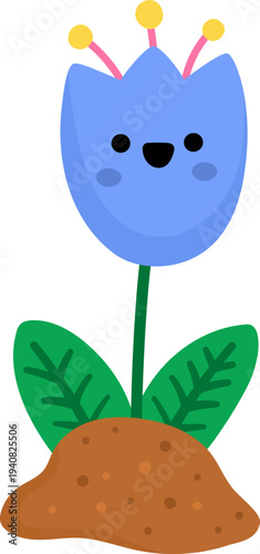 Vector blue smiling flower icon. Blooming bell growing on the ground illustration. Bellflower kawaii clipart. Cute summer, garden bluebell isolated on white background