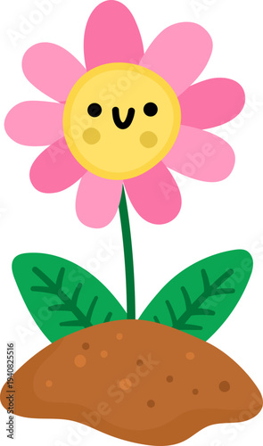Vector pink smiling flower icon. Blooming plant growing on the ground illustration. Floral kawaii clipart. Cute summer, garden or Easter village bloom isolated on white background
