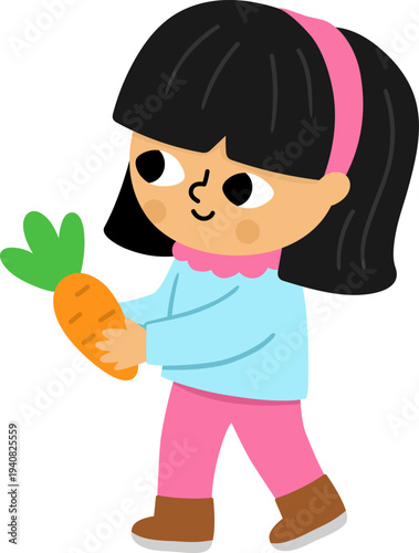 Vector girl going with carrot in hands. Cute happy smiling kid clipart. Funny Easter, farm or garden joyful child in blue shirt and pink trousers. Nature illustrations with children