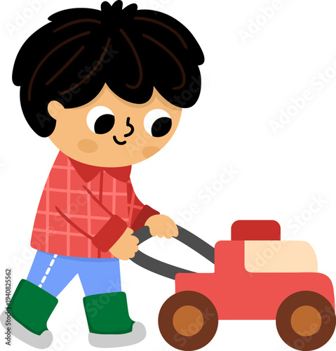 Vector boy mowing grass with mover. Cute kid gardener clipart. Funny child doing gardening works. Nature illustrations with children. Spring or summer country icon