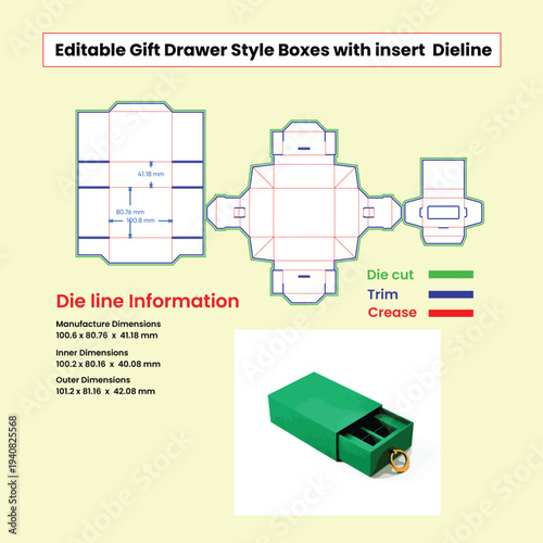 Editable Gift Drawer Style Box Dieline with Dimensions and Example gift box drawer box