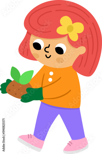 Spring garden illustration with girl going with baby plant in hands. Vector country house, farm concept. Cute kid doing gardening work icon. Child clipart isolated on white background