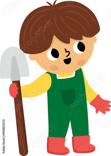 Vector boy standing with spade and looking up. Cute kid gardener clipart. Funny child doing gardening works, raking leaves. Nature illustrations with children. Spring or summer country icon
