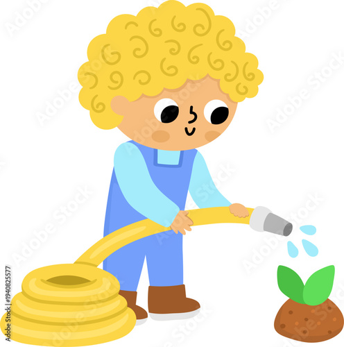 Vector boy watering baby plant with yellow hose. Cute kid gardener clipart. Funny child doing gardening works. Nature illustrations with children. Spring or summer country icon
