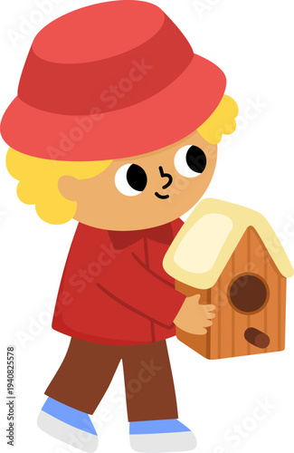 Spring garden illustration with boy going with a wooden birdhouse. Vector country house, farm concept. Cute kid doing gardening work icon. Child clipart isolated on white