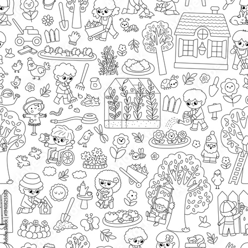 Vector black and white garden seamless pattern. Cute line farm repeat background with kids doing gardening work, growing plants. Nature digital paper, coloring page with children