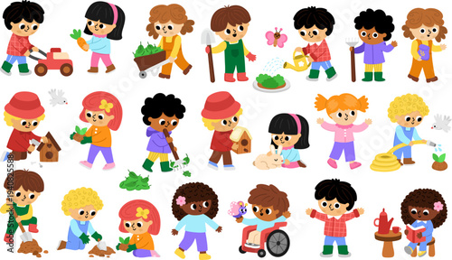 Vector kids gardeners clipart set. Cute boys and girls doing gardening works. Funny farm children collection. Illustrations with child watering and growing plants, taking care of garden